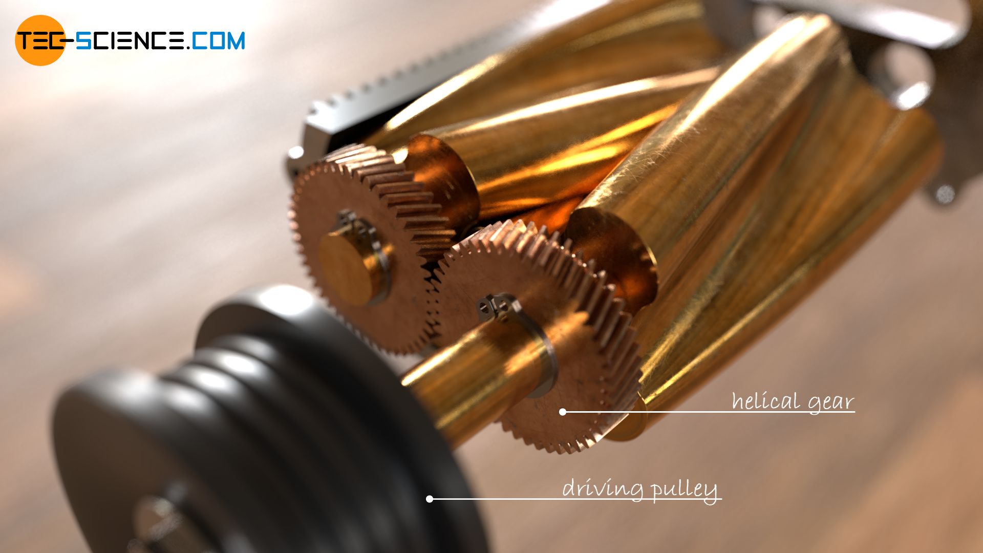 Driving pulley and helical gears of a Roots-type supercharger