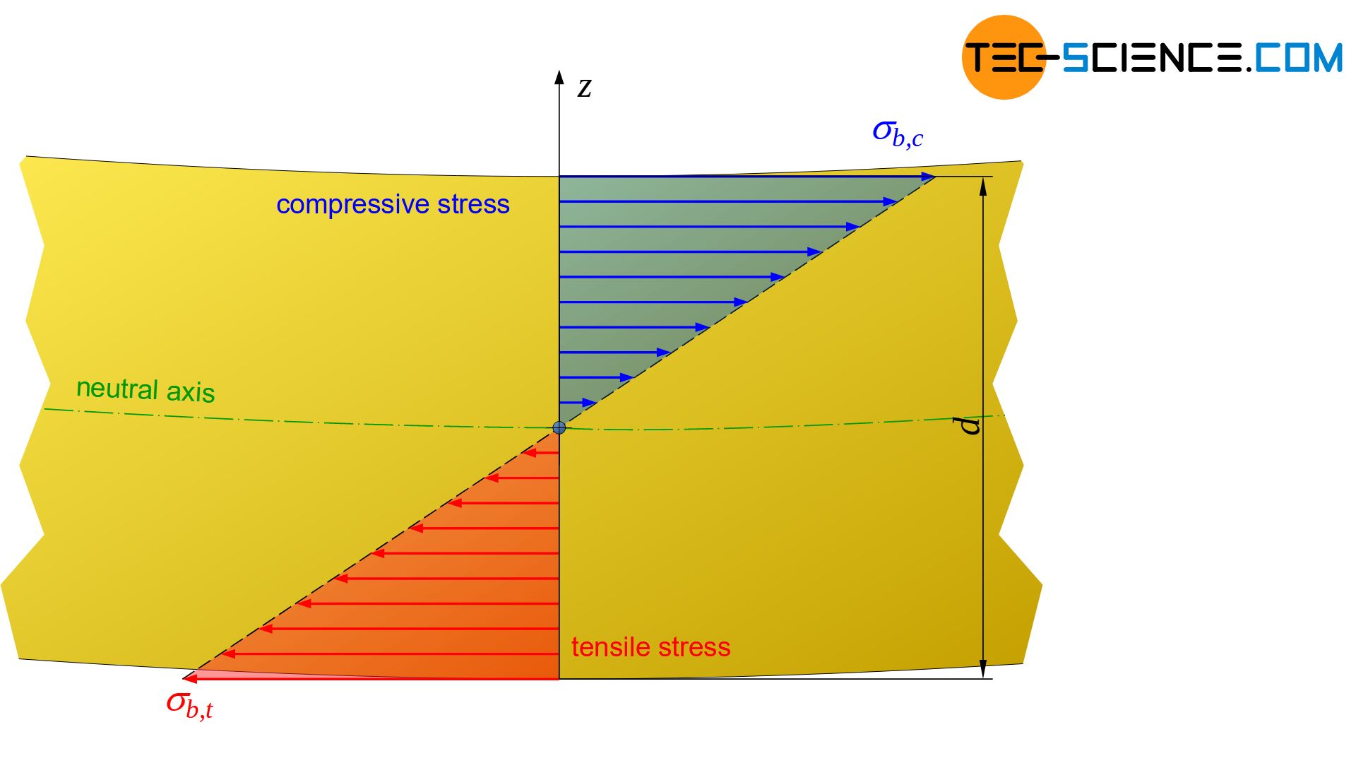 Stress distribution in the cross-section of a specimen subjected to bending stress