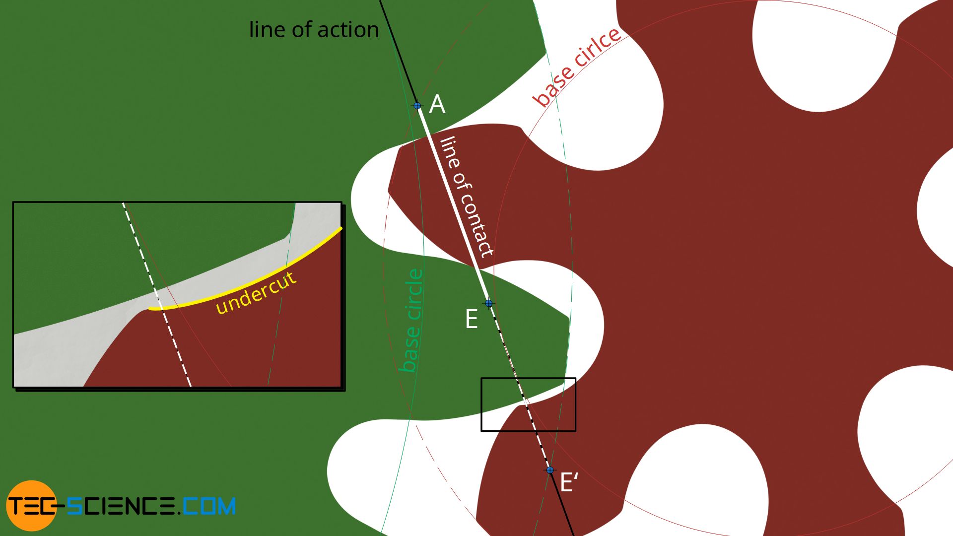 Shortening of the line of contact due to an undercut