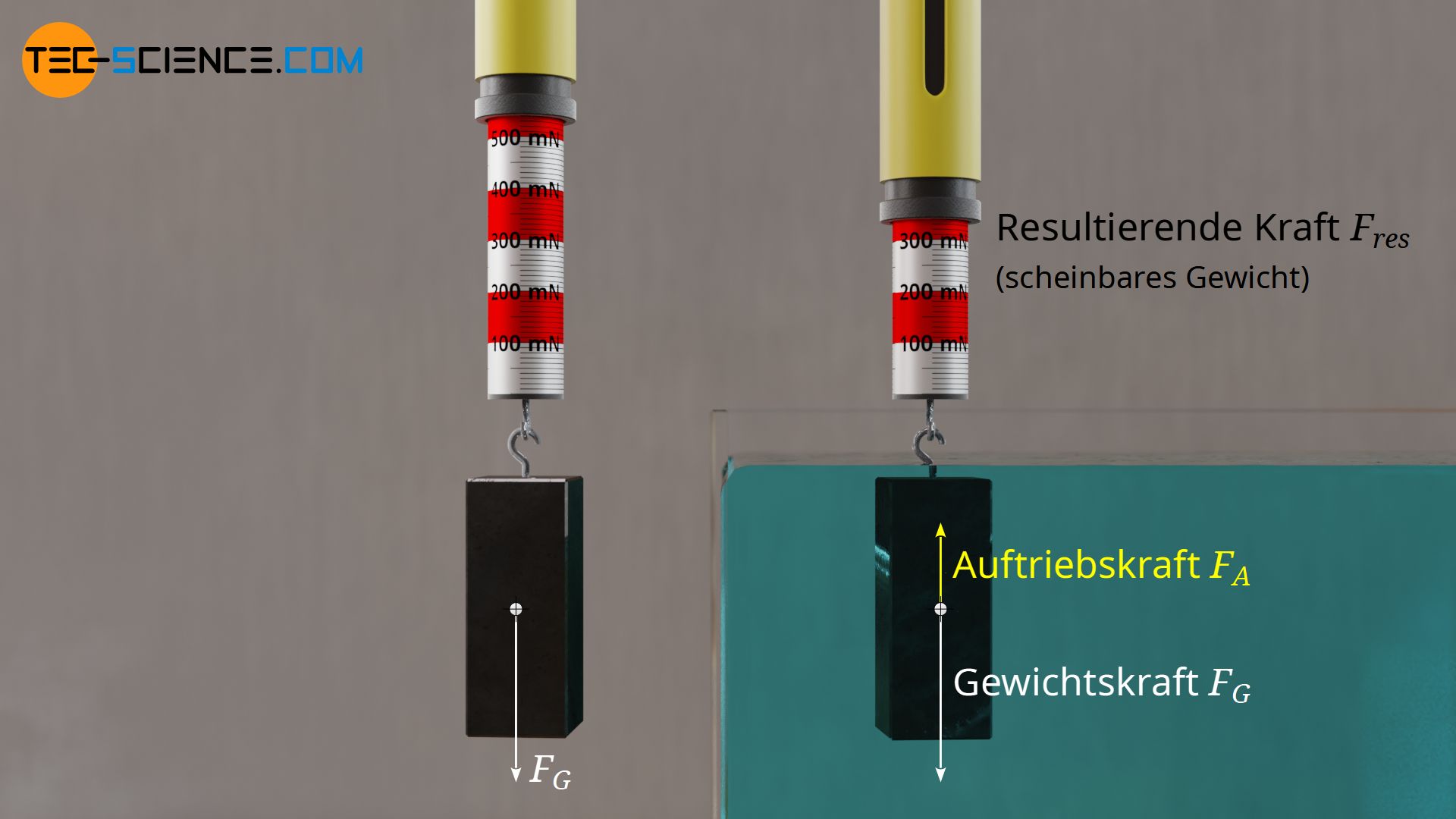 Scheinbar leichteres Gewicht beim Eintauchen eines Körpers in eine Flüssigkeit in Folge der Auftriebskraft