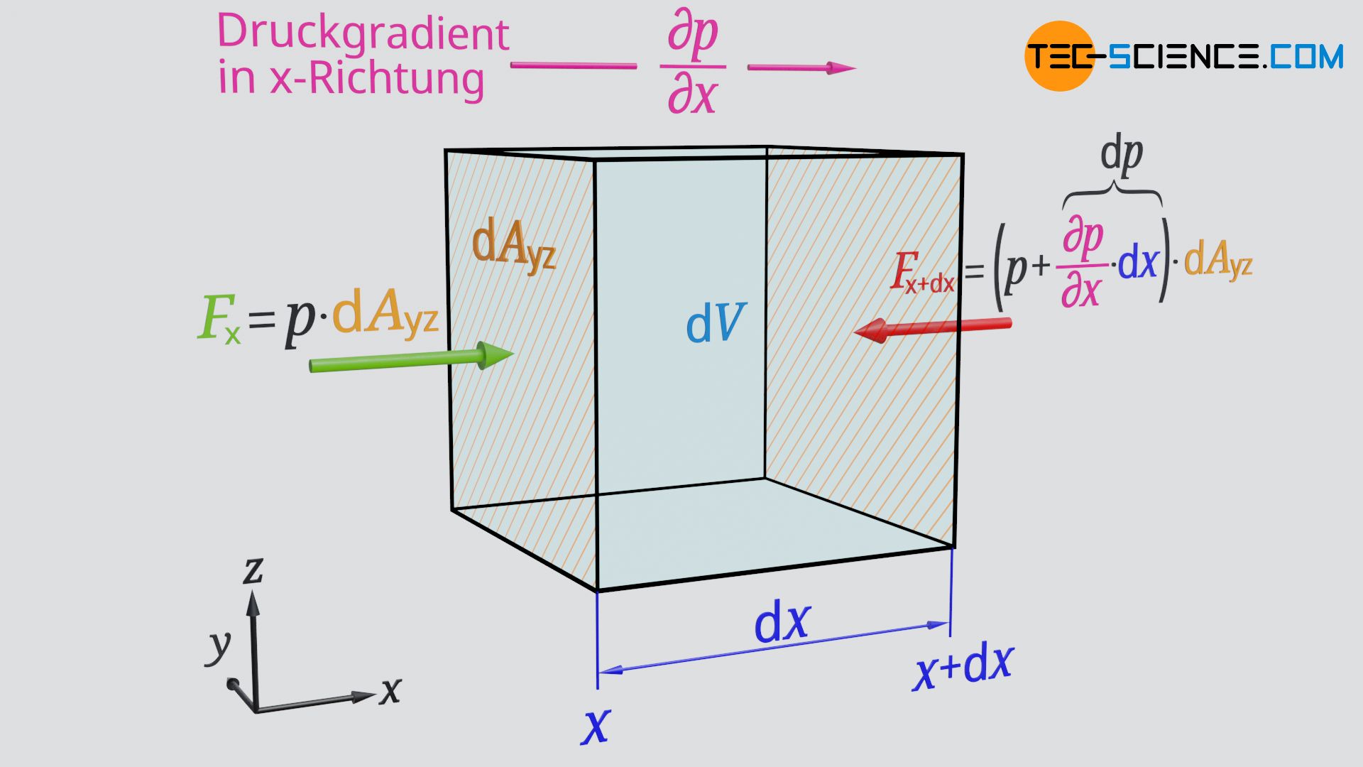 Druckkraft auf ein Fluidelement entlang der x-Richtung