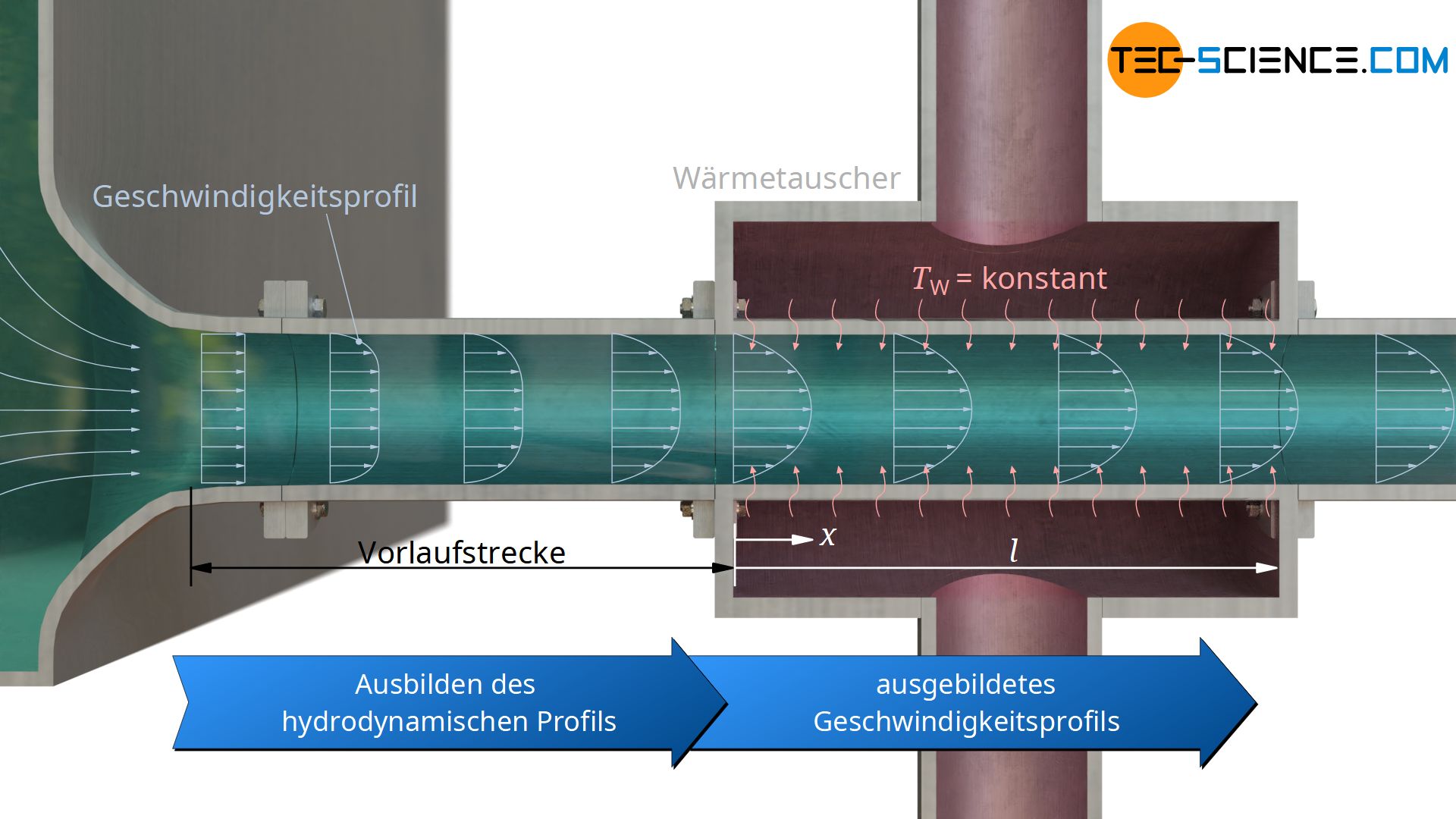 Konvektiver Wärmeübergang bei hydrodynamisch ausgebildeter Strömung (Geschwindigkeitsprofil) und konstanter Wandtemperatur