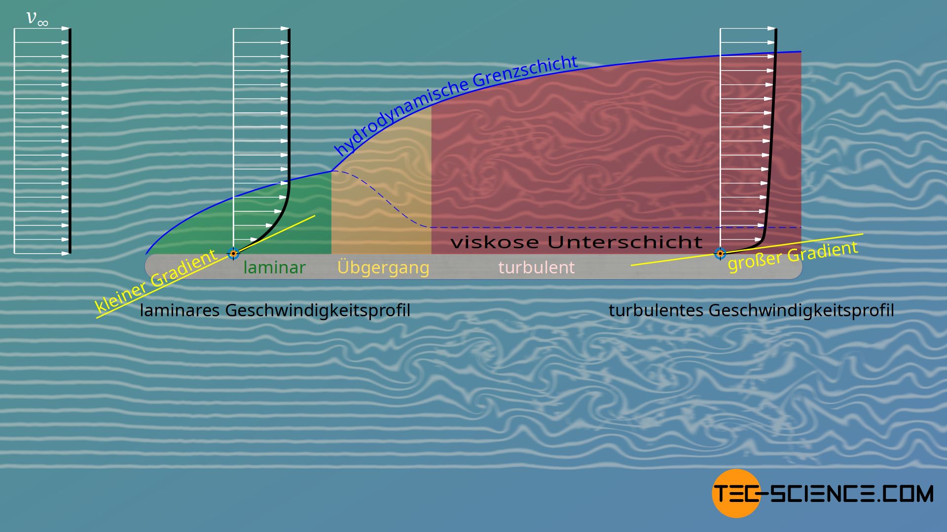 Geschwindigkeitsgradienten in einer laminaren und turbulenten Grenzschicht