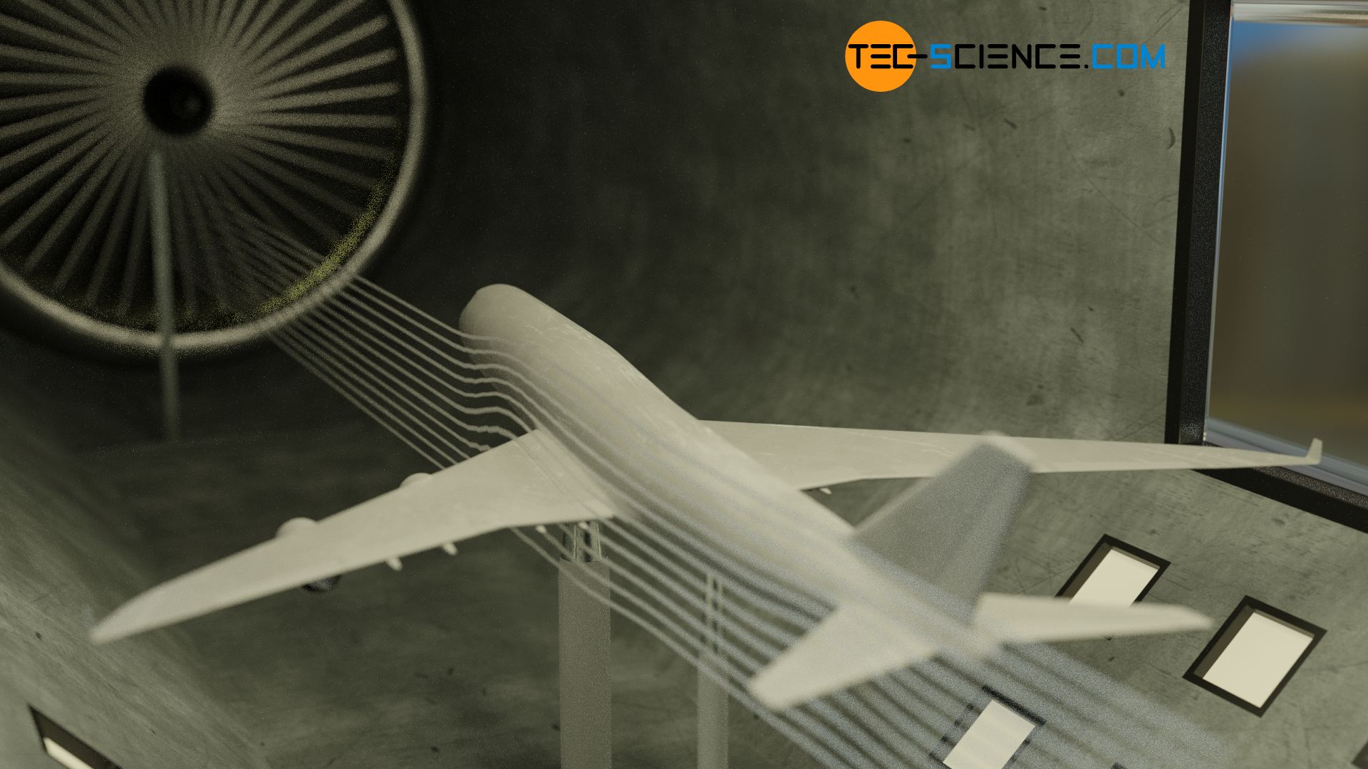 Aircraft model in a wind tunnel to study the flow around the aircraft