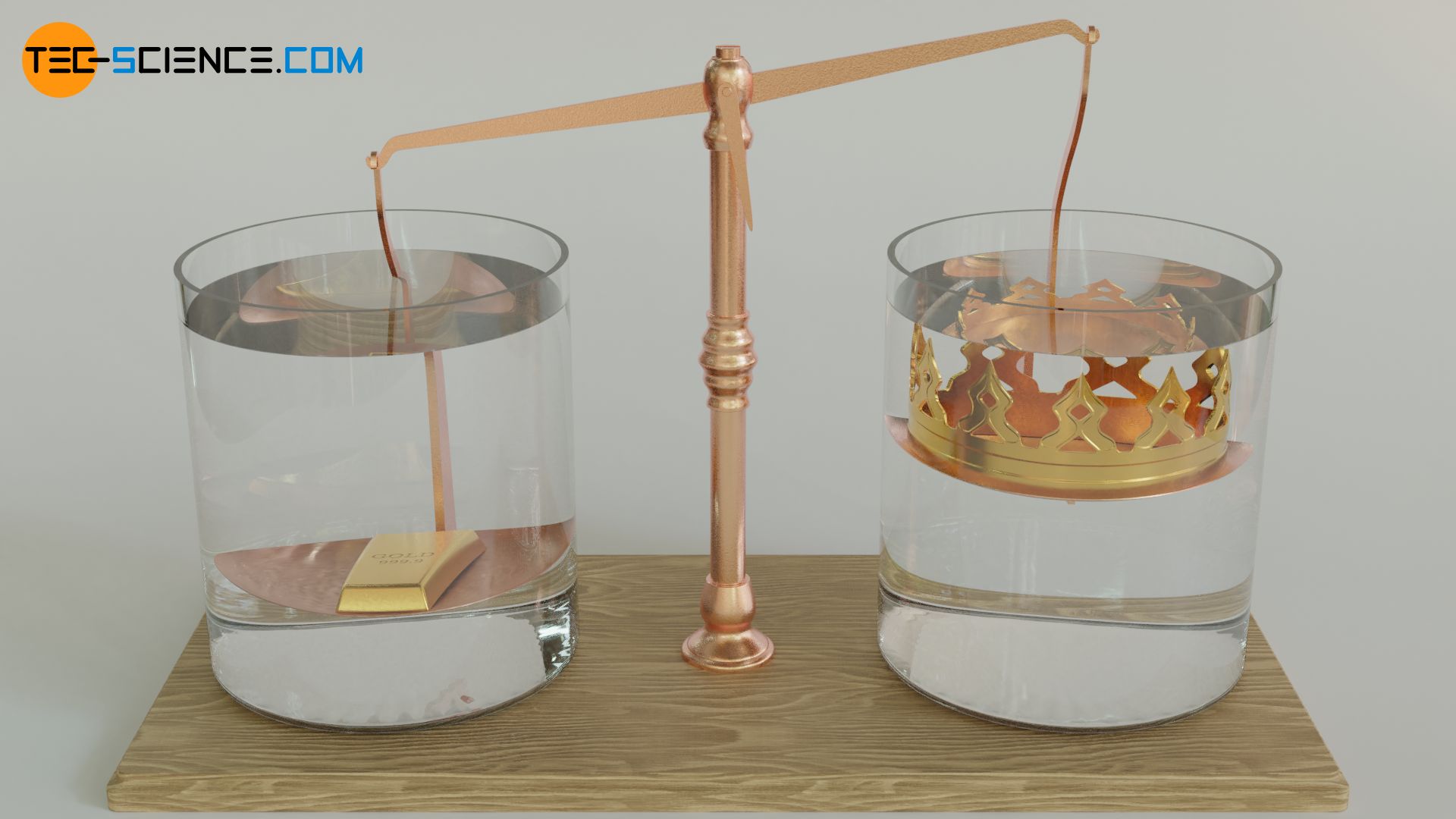 Gold ingot and crown of the same mass immersed in water on a beam scale