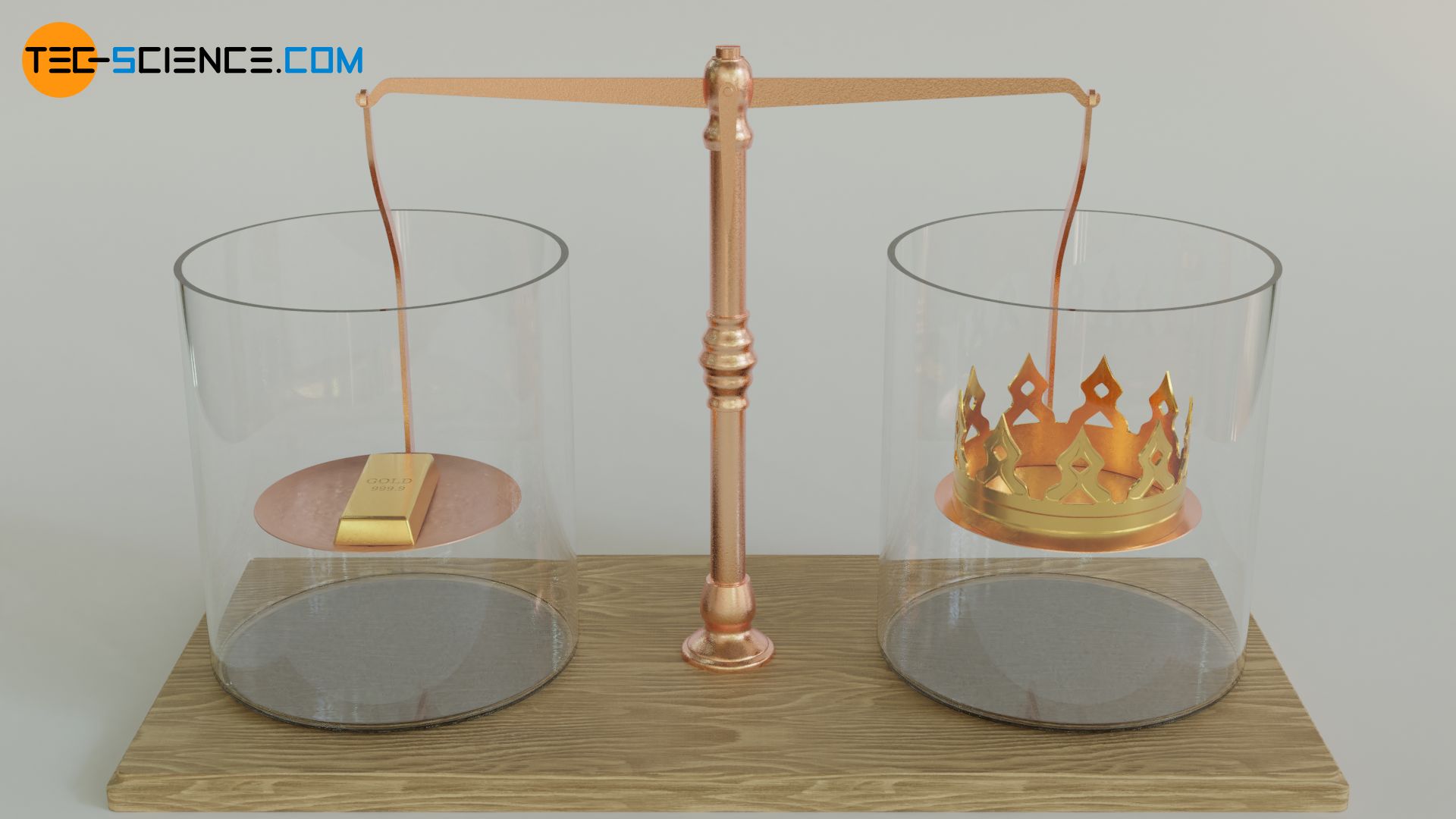 Gold ingot and crown of the same mass on a beam scale (balance)