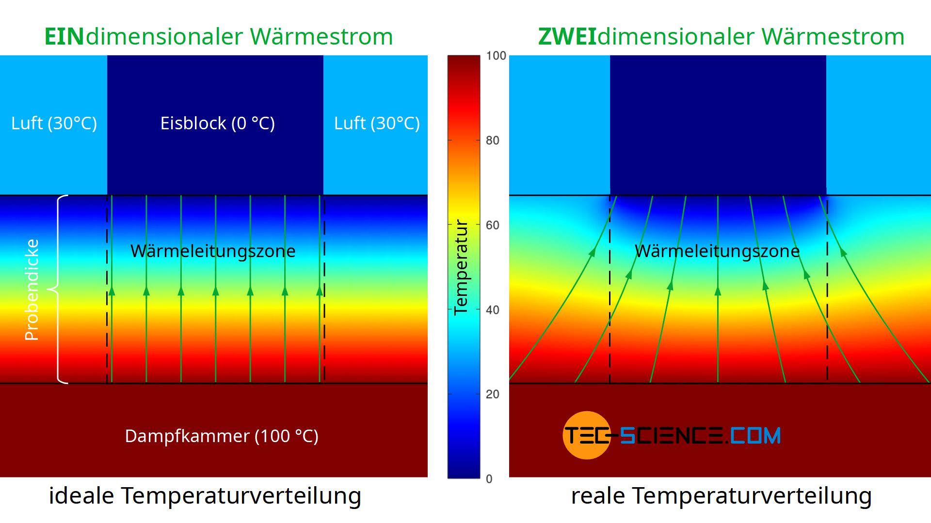 Temperaturverteilung in der Probe (zweidimensionaler Wärmestrom)