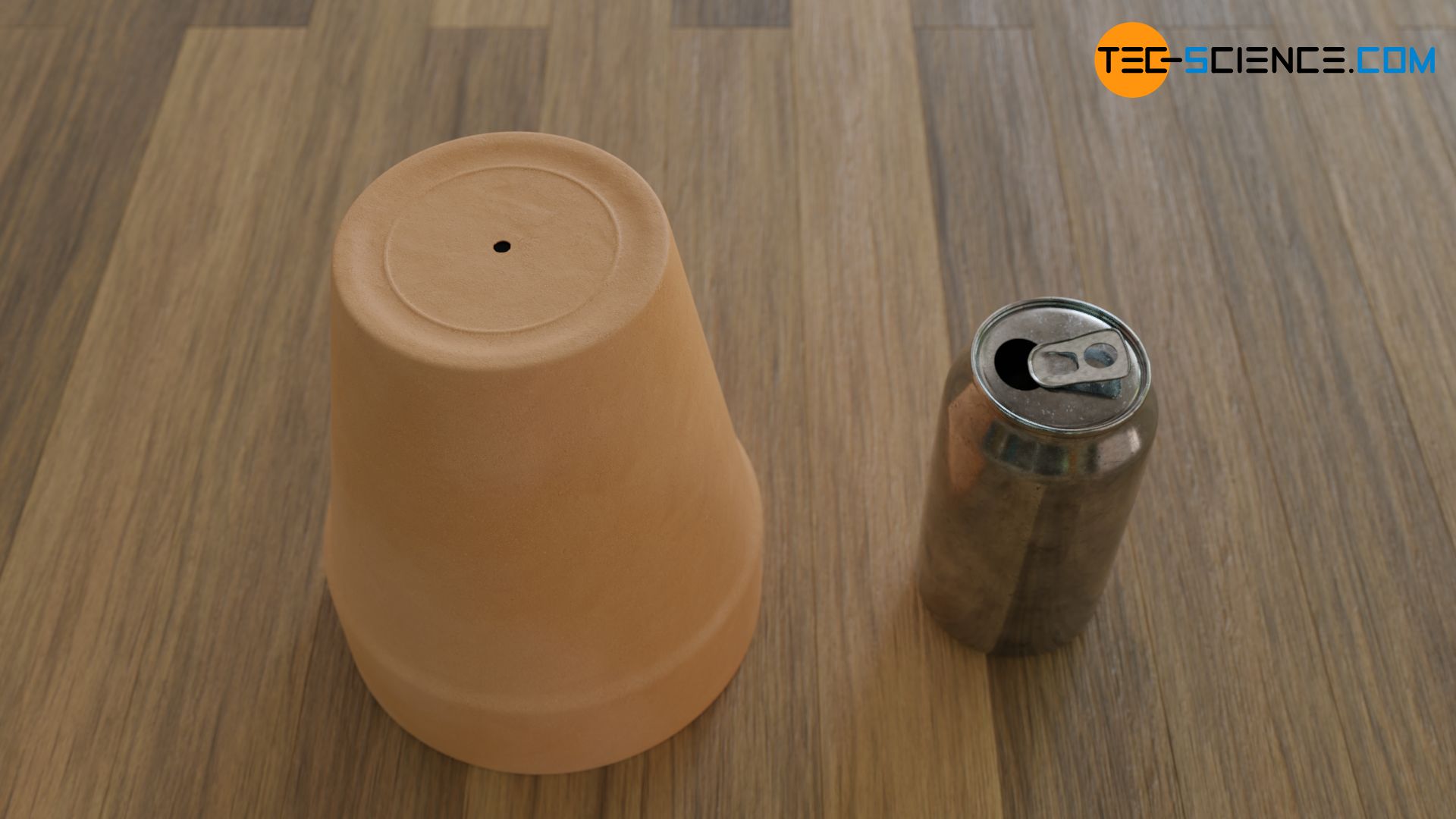 Flowerpot with bottom hole and an empty open beverage can