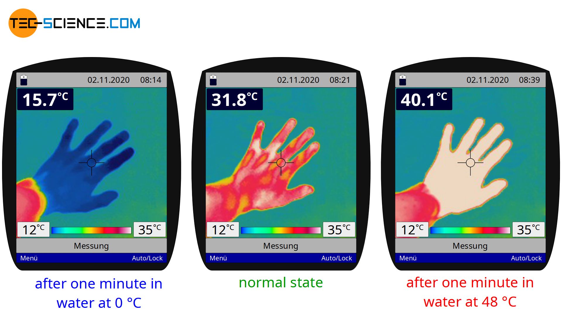 Thermal image of a hand at different temperatures