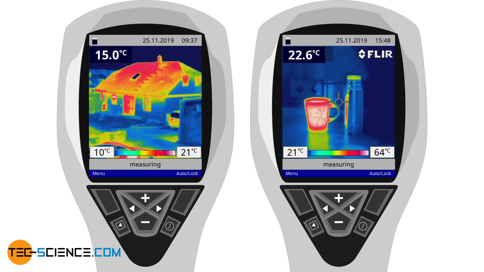 Thermal image of a cup with hot tea and a building