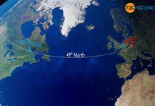 Forestville (Canada) and Karlsruhe (Germany) at 49° North