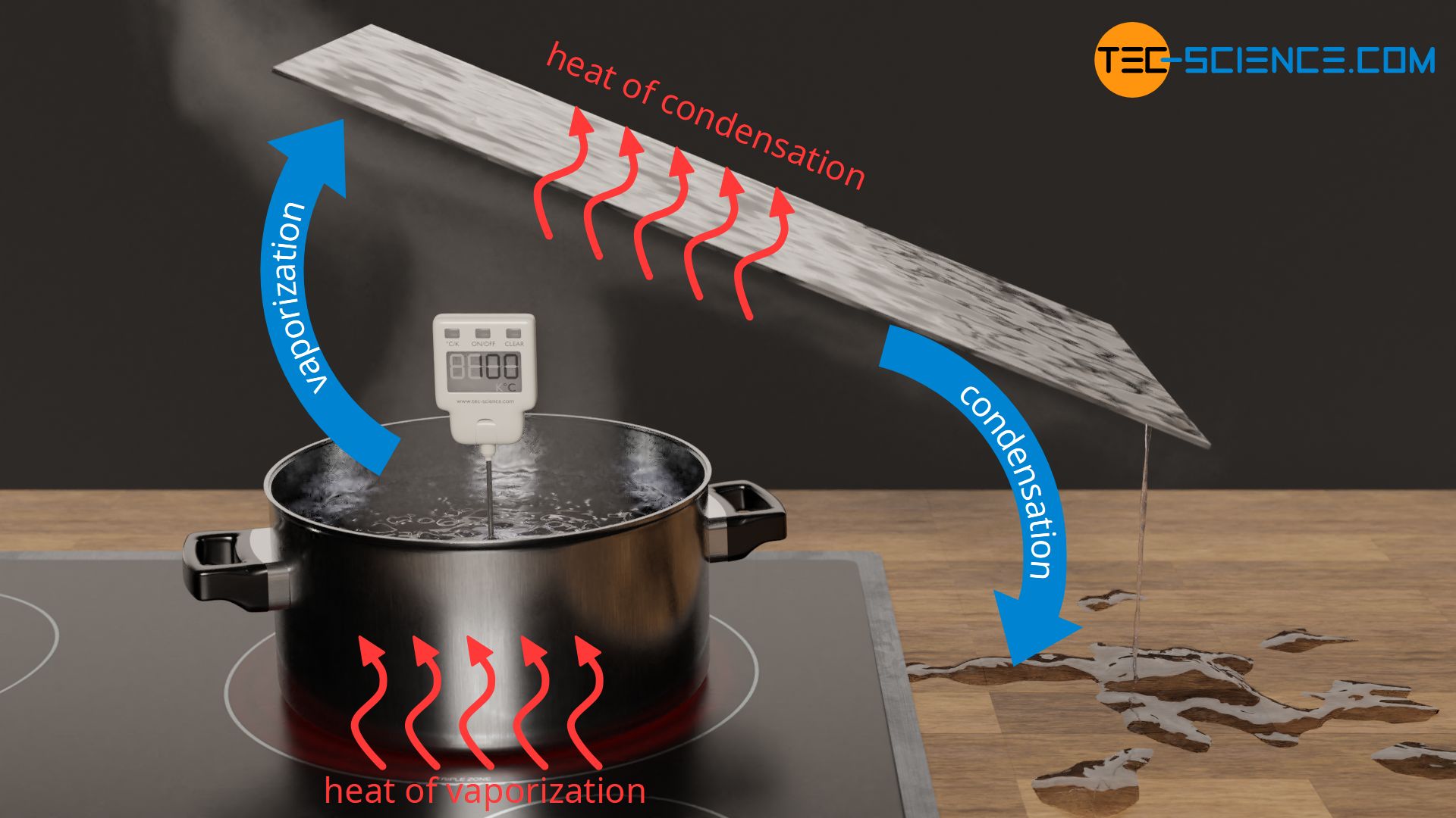 Supply of heat of vaporization during vaporization and dissipation of heat of condensation during condensation