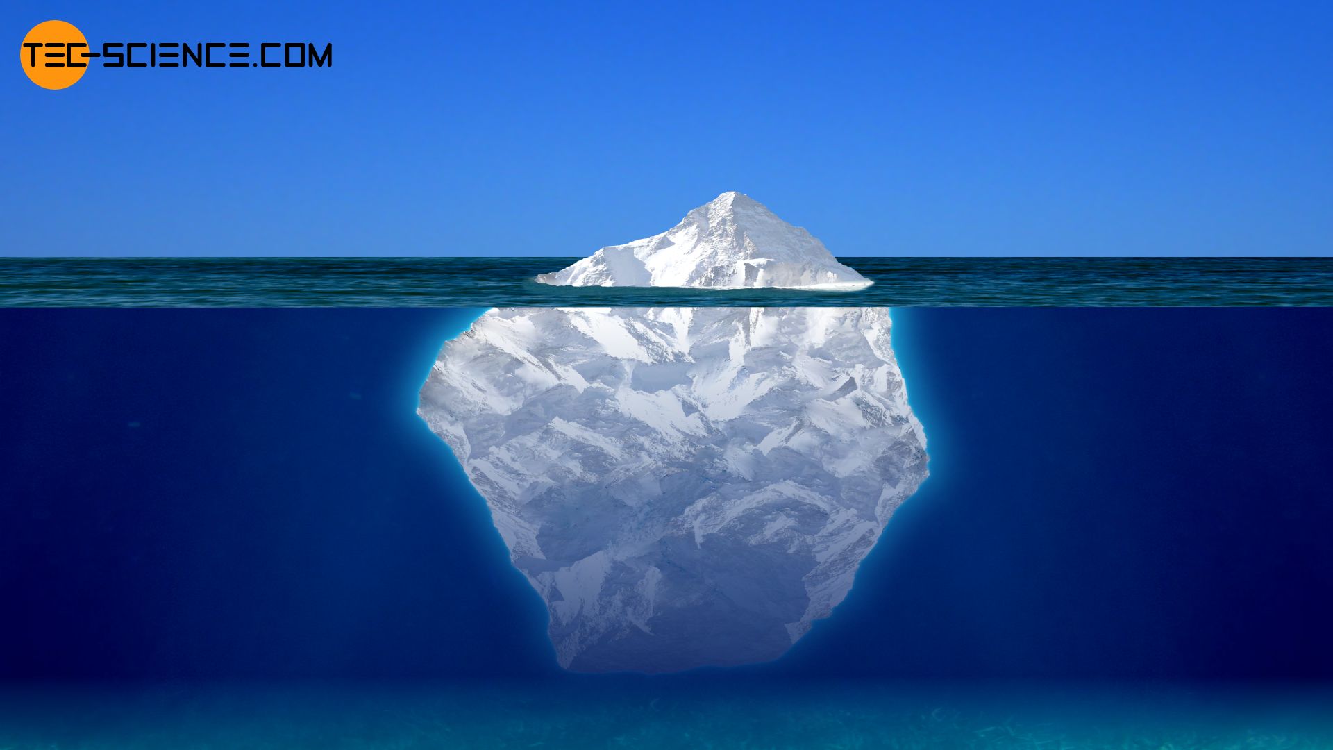 An iceberg floats on the water surface, with the largest part below